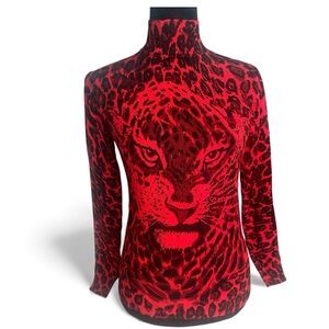 Women’s Red Leopard Print Mock Neck Sweater Pull Over Medium Soft Stretch